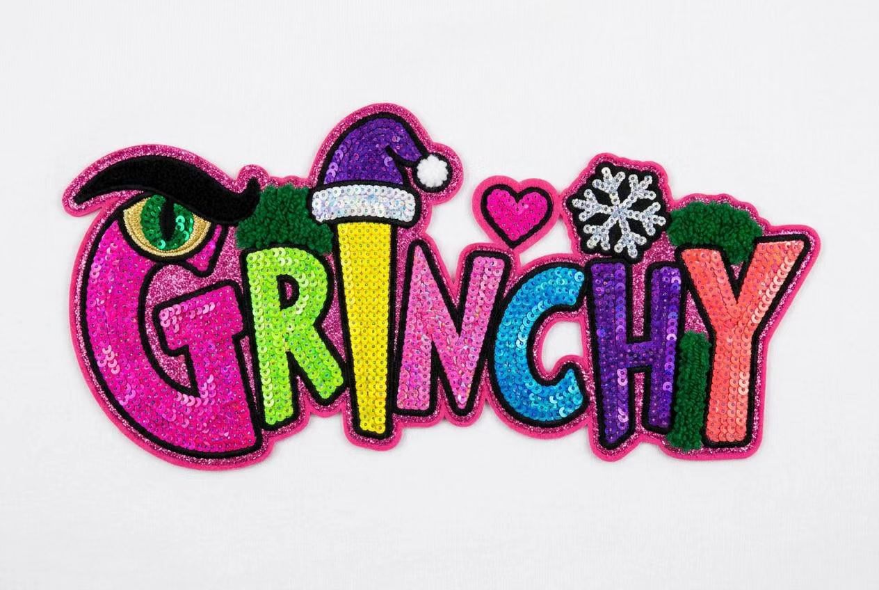Christmas Iron on Patches Grinchy Design Large Sequin Chenille Bow Embroidery Applique