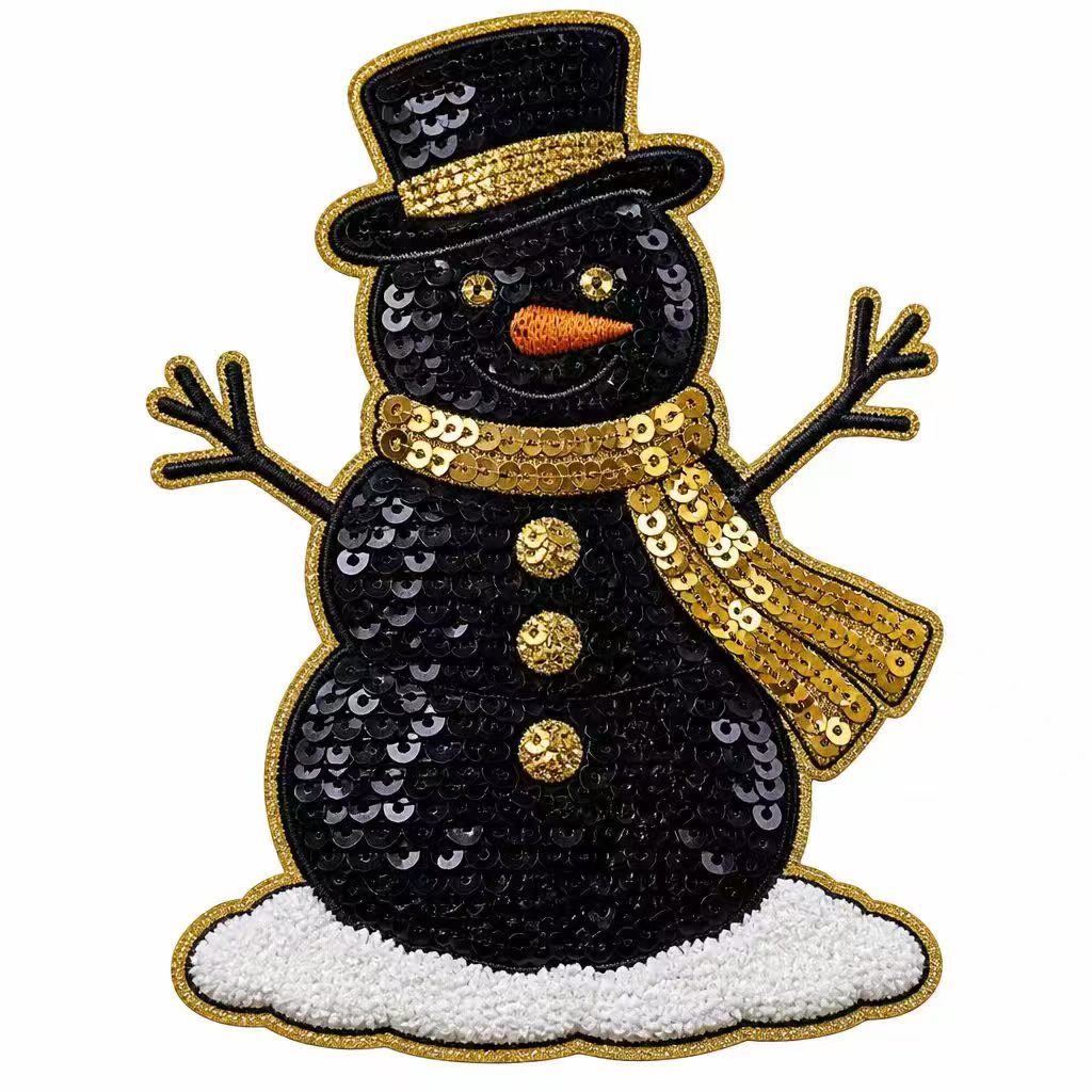 Christmas Iron on Patches Black Snowman Design Large Sequin Chenille Bow Embroidery Applique for Holiday Clothing
