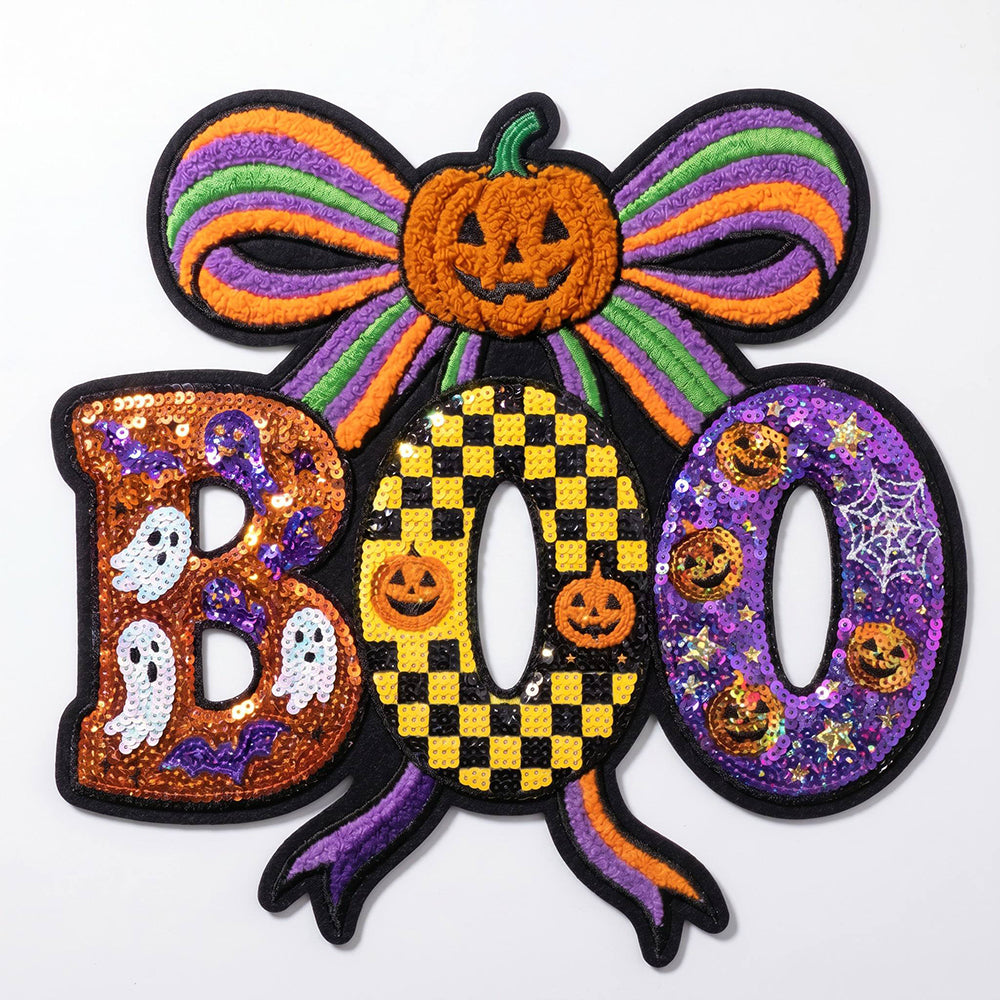 Halloween Pumpkin Boo Embroidered Patch Iron On Sew On Applique Cute Fall Badge for Jacket Backpack Hat