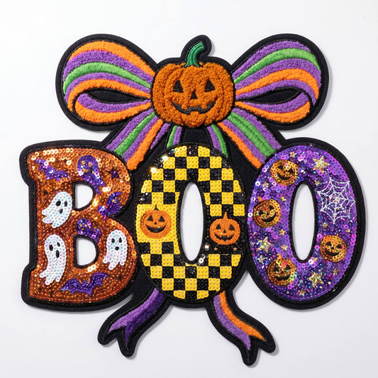 Halloween Pumpkin Boo Embroidered Patch Iron On Sew On Applique Cute Fall Badge for Jacket Backpack Hat