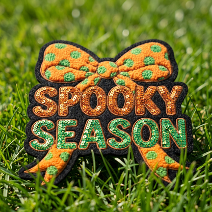 Halloween Bow BOO Pumpkin Large Glitter Sequin Chenille Embroidery Self Adhesive Patch Iron on for Clothing Hoodie