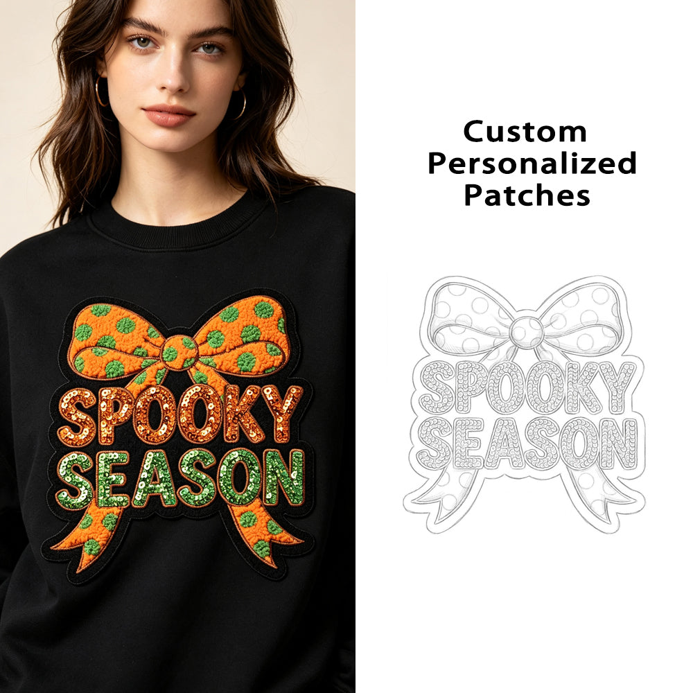 Halloween Bow BOO Pumpkin Large Glitter Sequin Chenille Embroidery Self Adhesive Patch Iron on for Clothing Hoodie