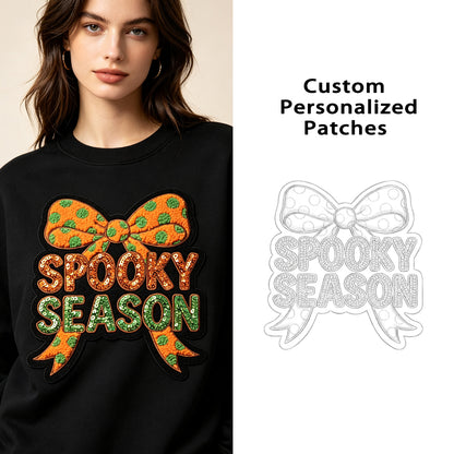 Halloween Bow BOO Pumpkin Large Glitter Sequin Chenille Embroidery Self Adhesive Patch Iron on for Clothing Hoodie