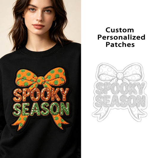 Halloween Bow BOO Pumpkin Large Glitter Sequin Chenille Embroidery Self Adhesive Patch Iron on for Clothing Hoodie