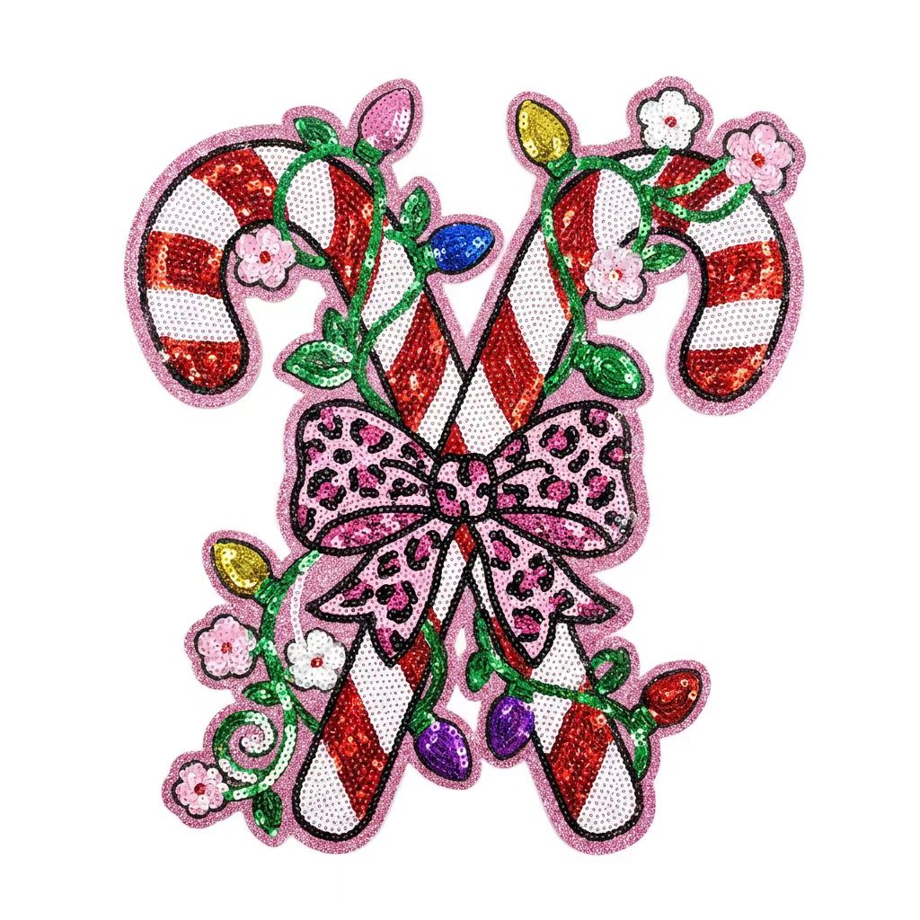 Christmas Iron on Patches Candy Cane Design Large Sequin Chenille Bow Embroidery Applique Custom Wholesale for Holiday Clothing