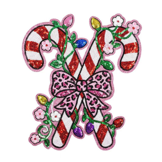 Christmas Iron on Patches Candy Cane Design Large Sequin Chenille Bow Embroidery Applique Custom Wholesale for Holiday Clothing