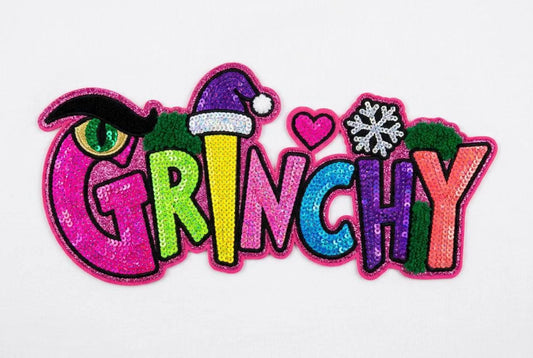 Christmas Iron on Patches Grinchy Design Large Sequin Chenille Bow Embroidery Applique
